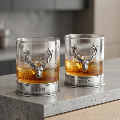 11oz Stag Head Pewter Whisky Glass Tumbler Set of 2